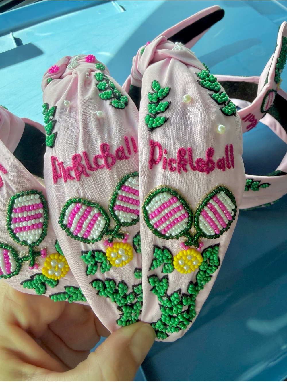 Pickleball Pink Beaded Headband - Embroidered